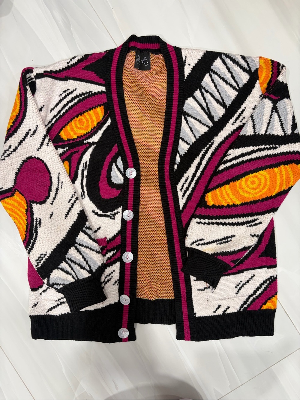 Steady Hands Anime Wolf Dog Graphic Knit Cardigan Oversized – Black Pink Orange